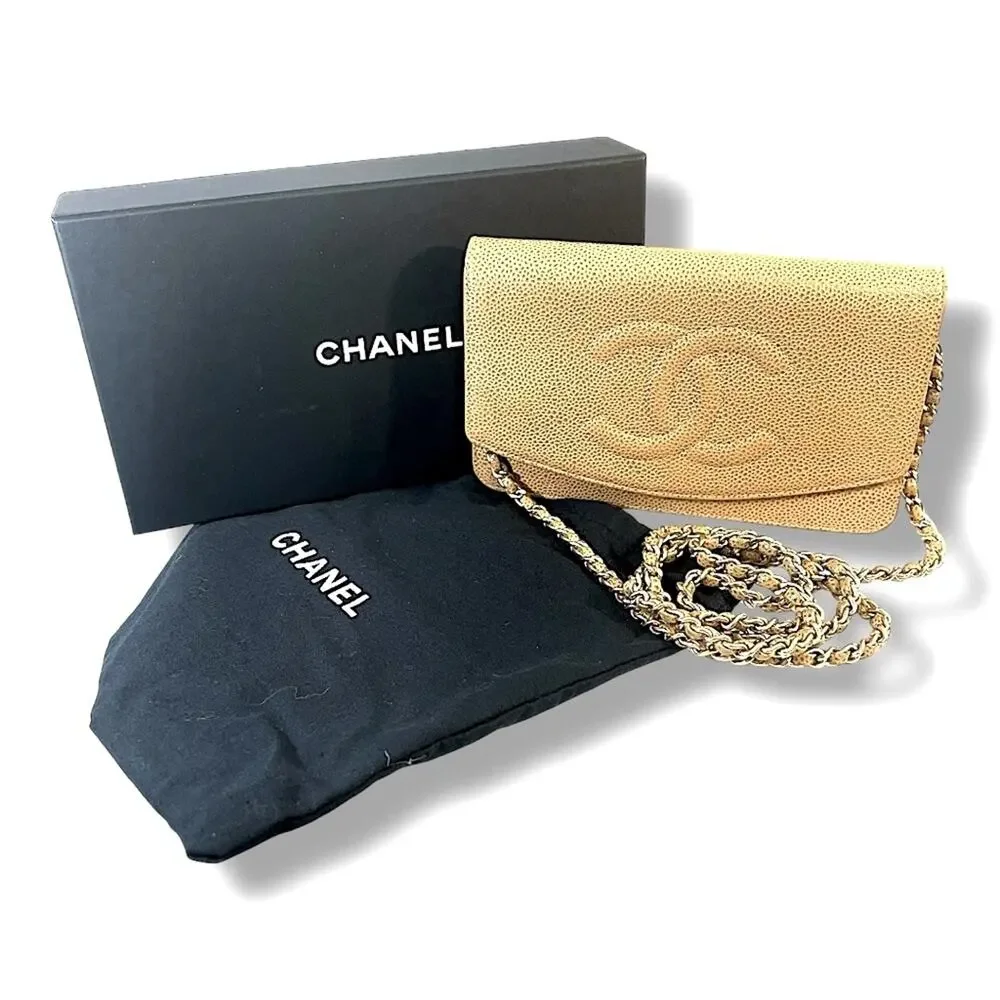 CHANEL AUTH Tan Leather Cavier Shoulder or Crossbody Bag with Gold Chain
